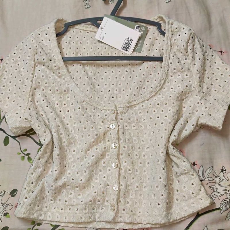 H&amp;M White Eyelet Button-Down Top