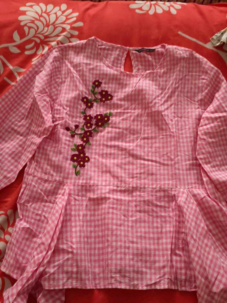 Pink Checkered Embroidered Top