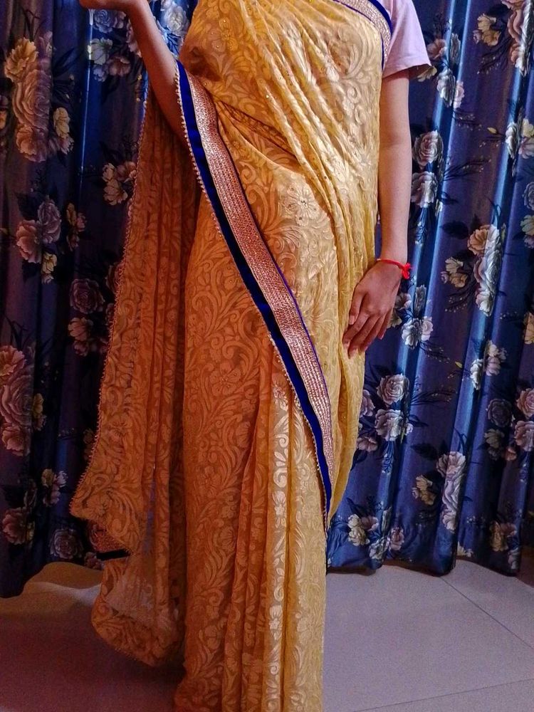 Stylish Blue &amp; Golden Saree And Blouse