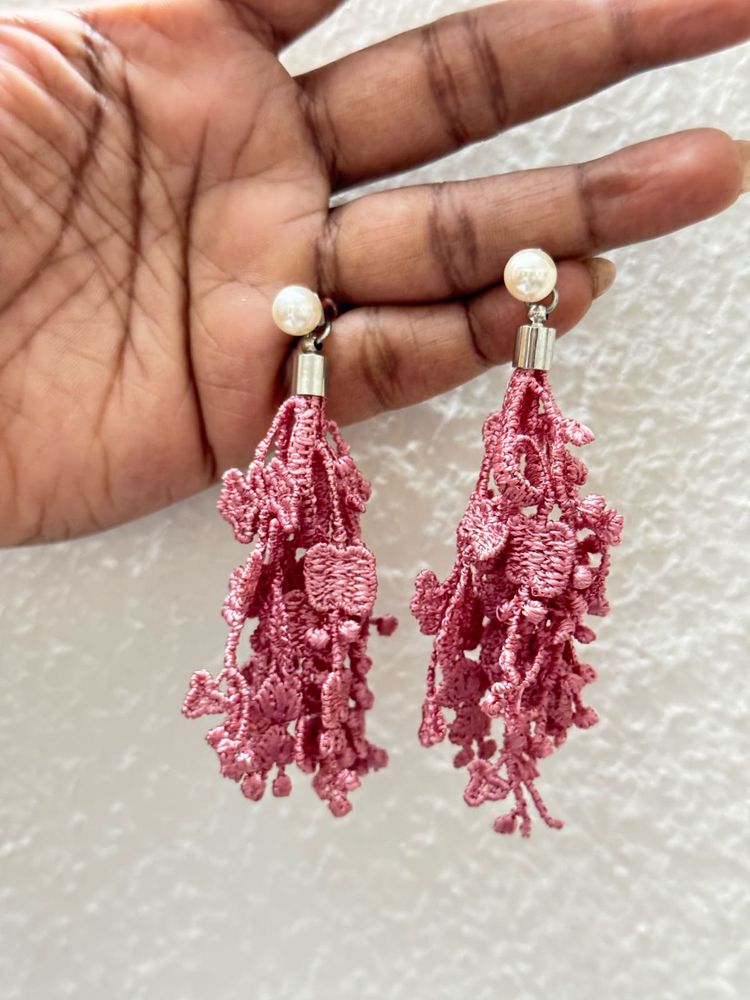 Pink Lace Tassel Drop Earrings