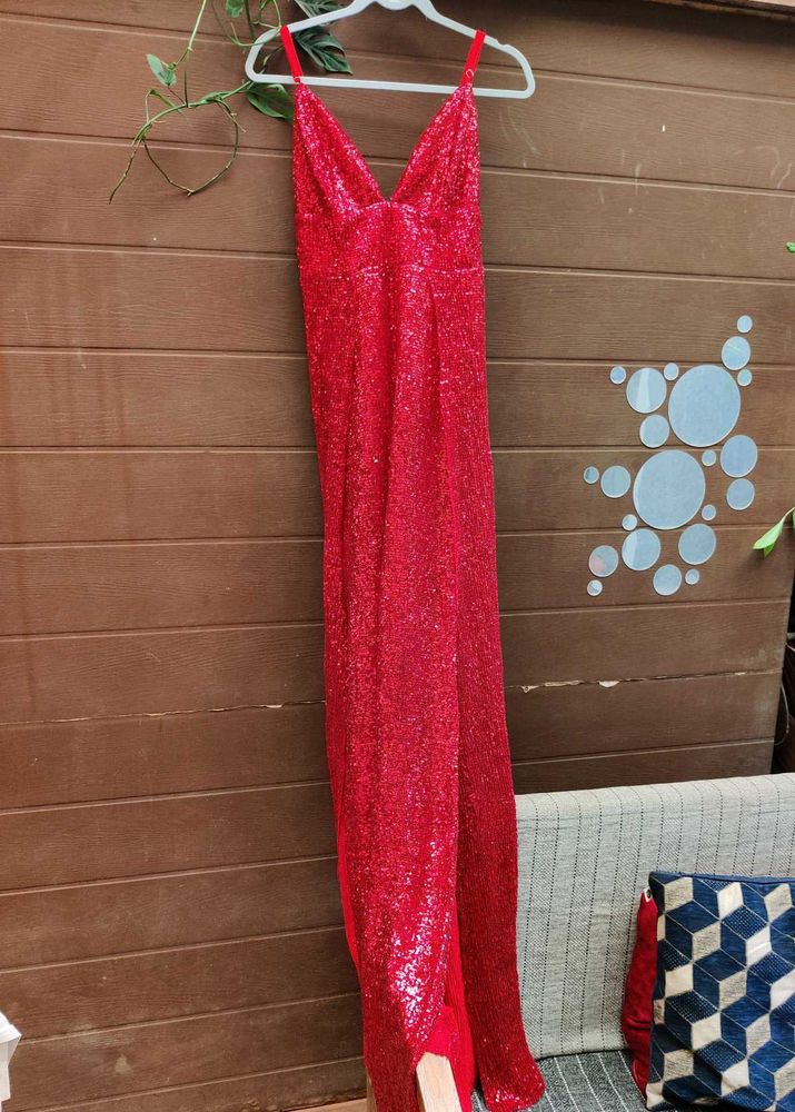 High Slit Red Sequins Party Dress