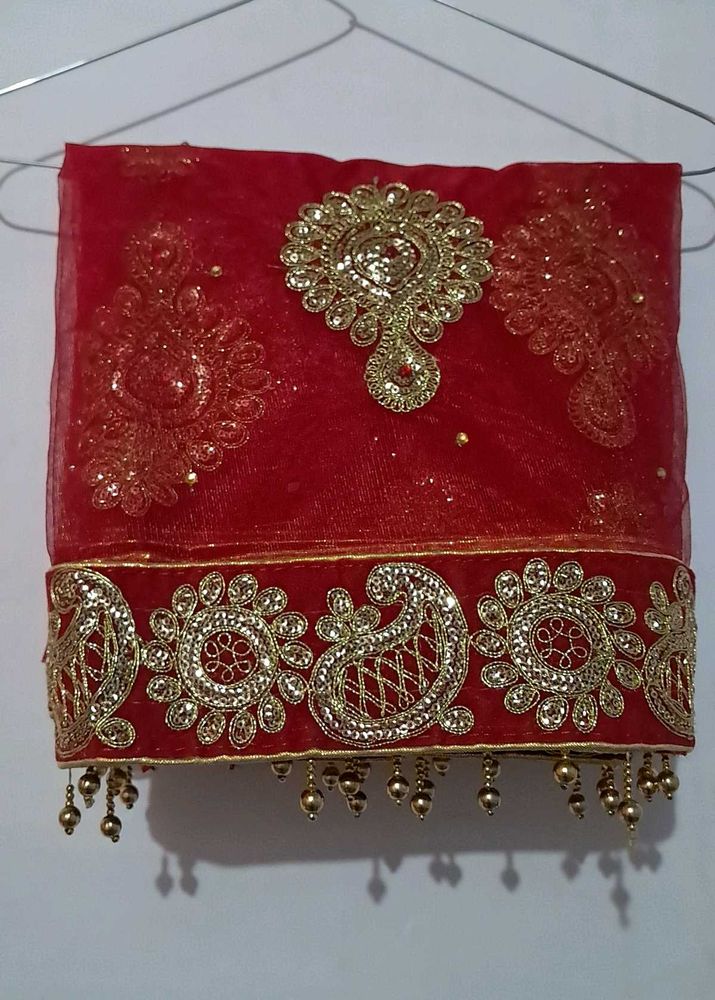 Red Net Dupatta, Fully Embellished