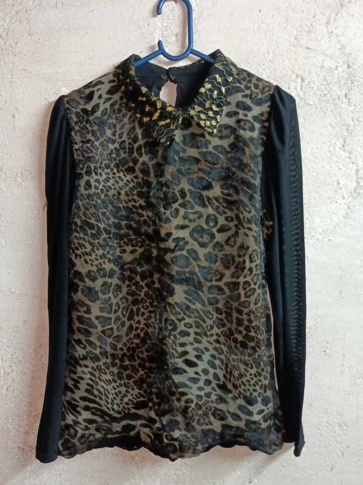 Partywear Leopard Print Sheer Lace Top