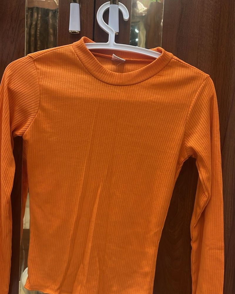 Orange Ribbed Long Sleeve Top