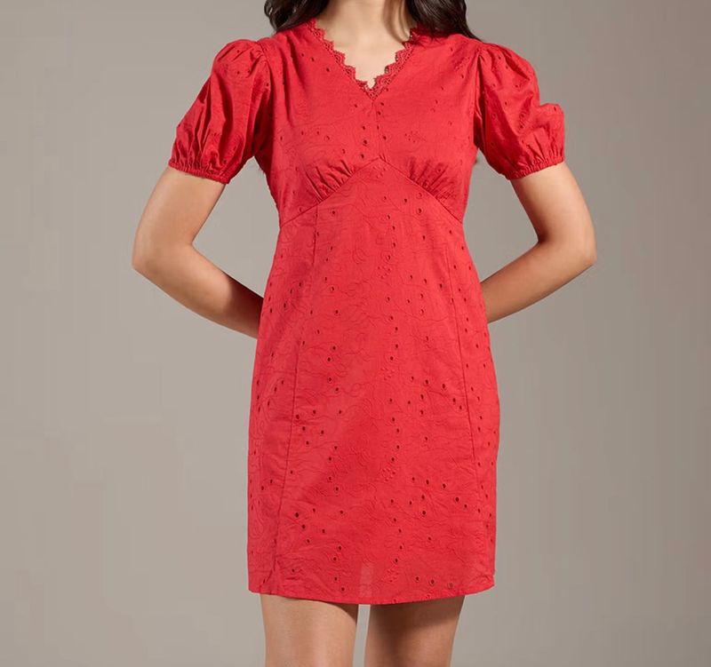 Red Eyelet Puff Sleeve Mini Dress
