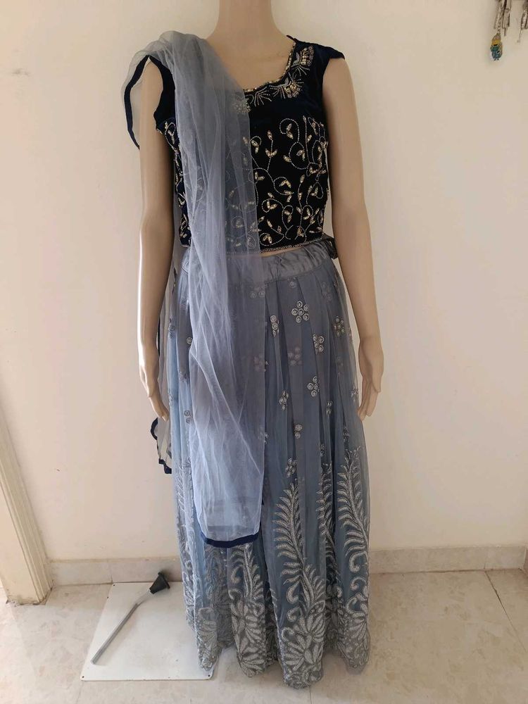 Grey Net Lahanga Blouse And Dupatta