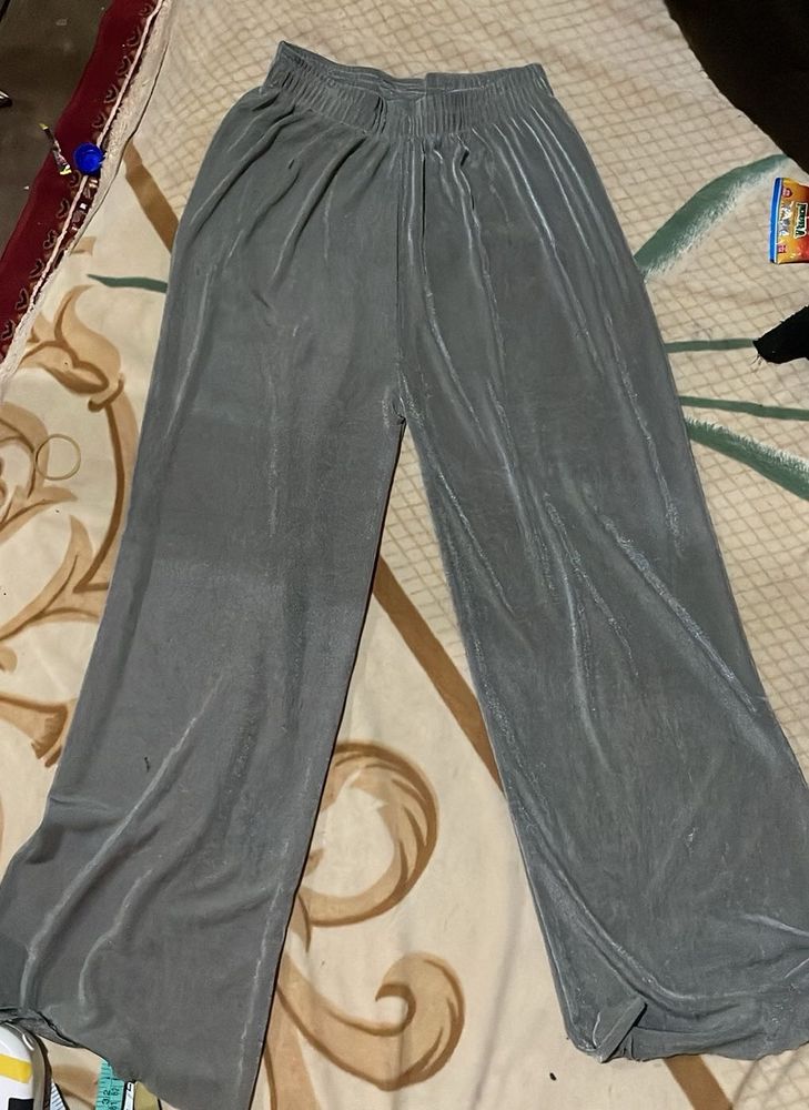 Gray Velvet Shiny Wide Leg Pants