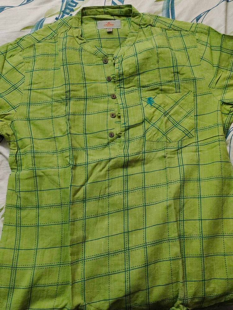 Green Half Sleeve Kurta Linen