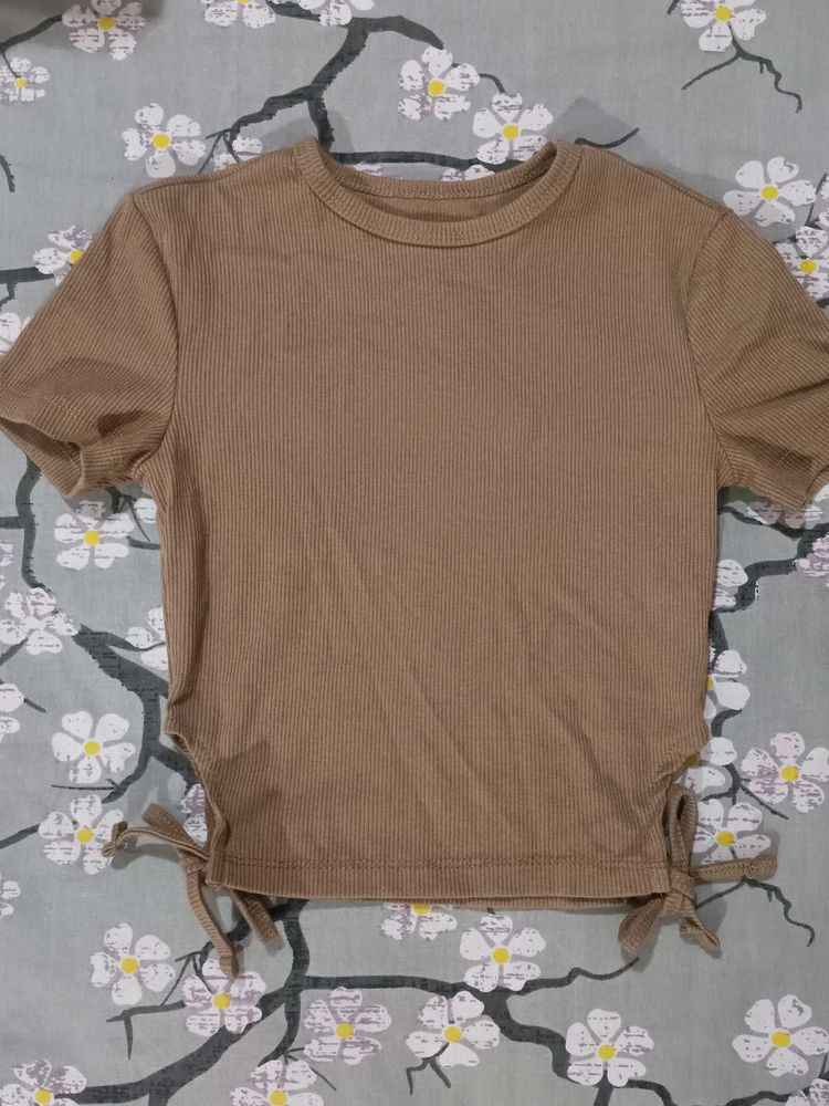 Brown Ribbed Tie-Side Top