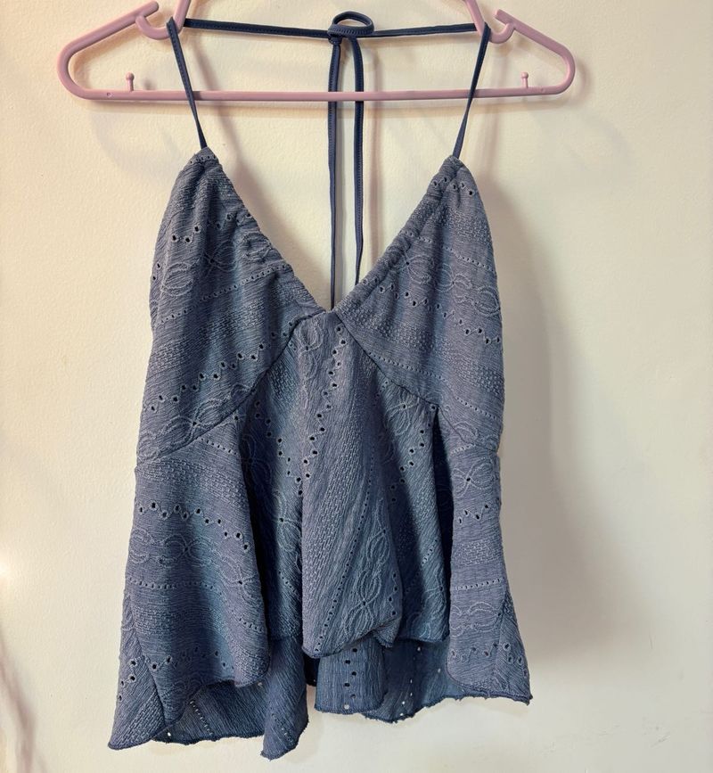 Blue Eyelet Peplum Tank Top