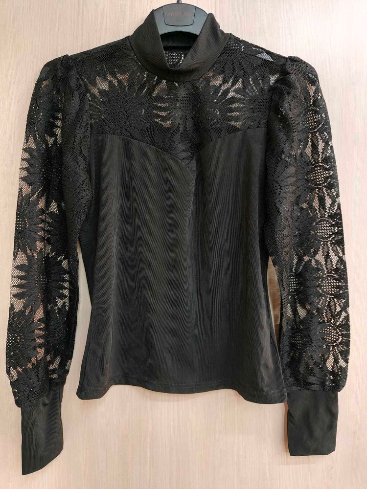 Stylish High Neck Top With Netted Sleeves