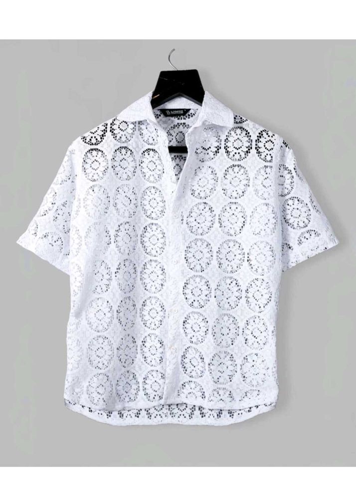 White Lace Crochet Short Sleeve Shirt