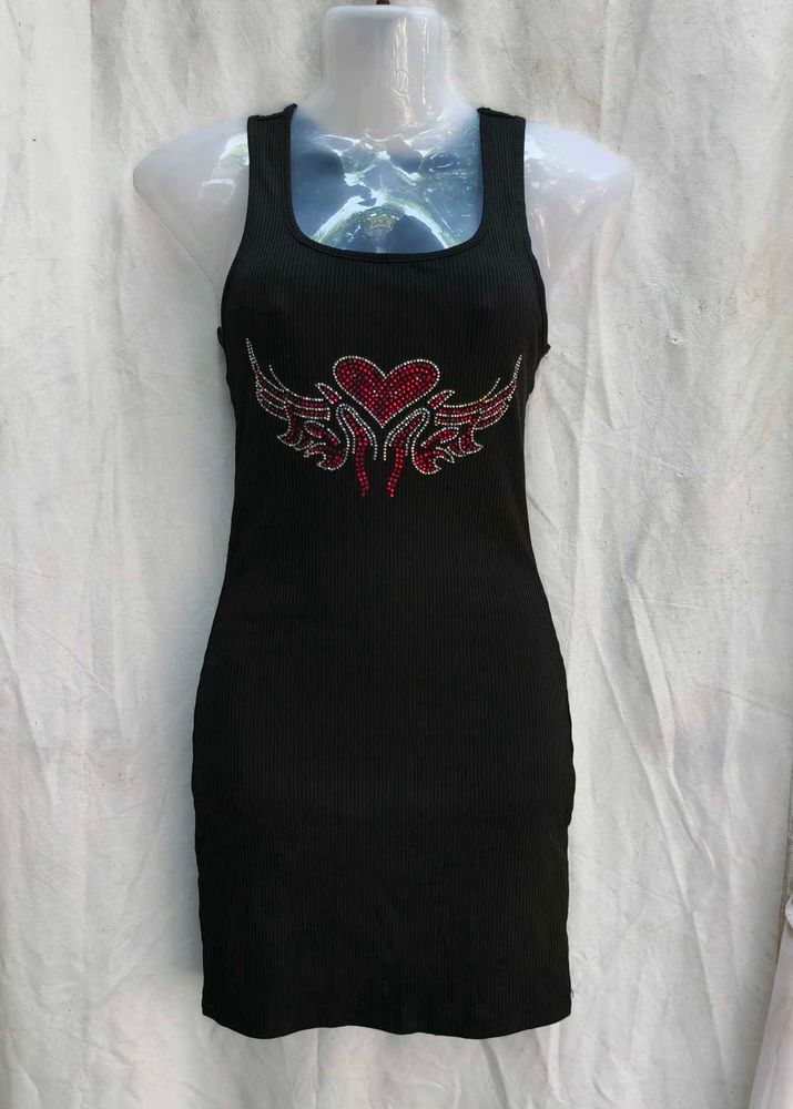 15412. Black Rhinestone Heart Tank Dress