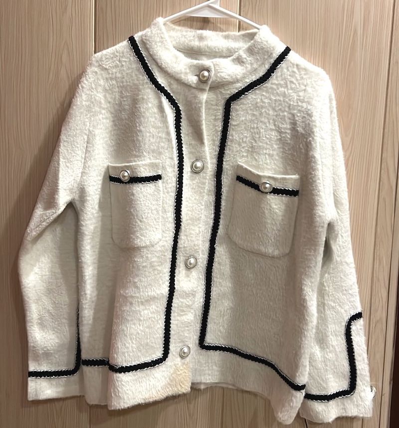 Korean Elegant White Fuzzy Tweed Jacket