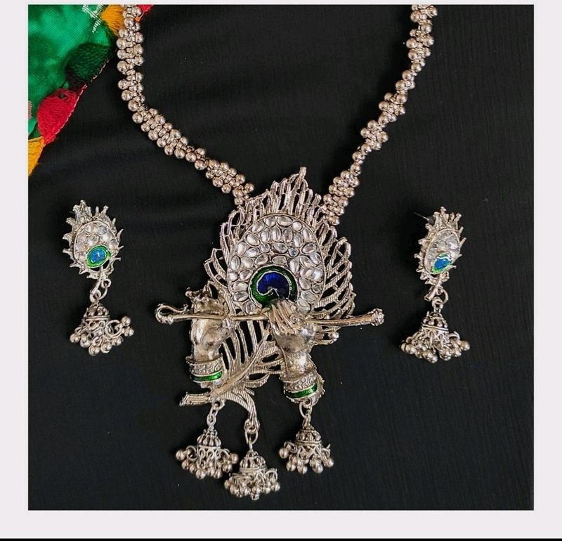 Silver Oxidized Krishna Long Necklace
