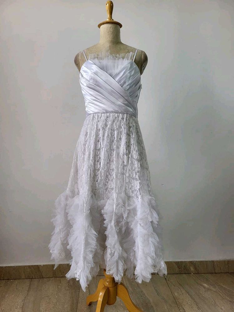 White Lace &amp; Ruffle Midi Dress