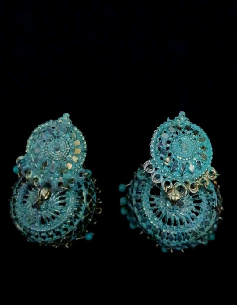 Teal Filigree Jhumka Earrings