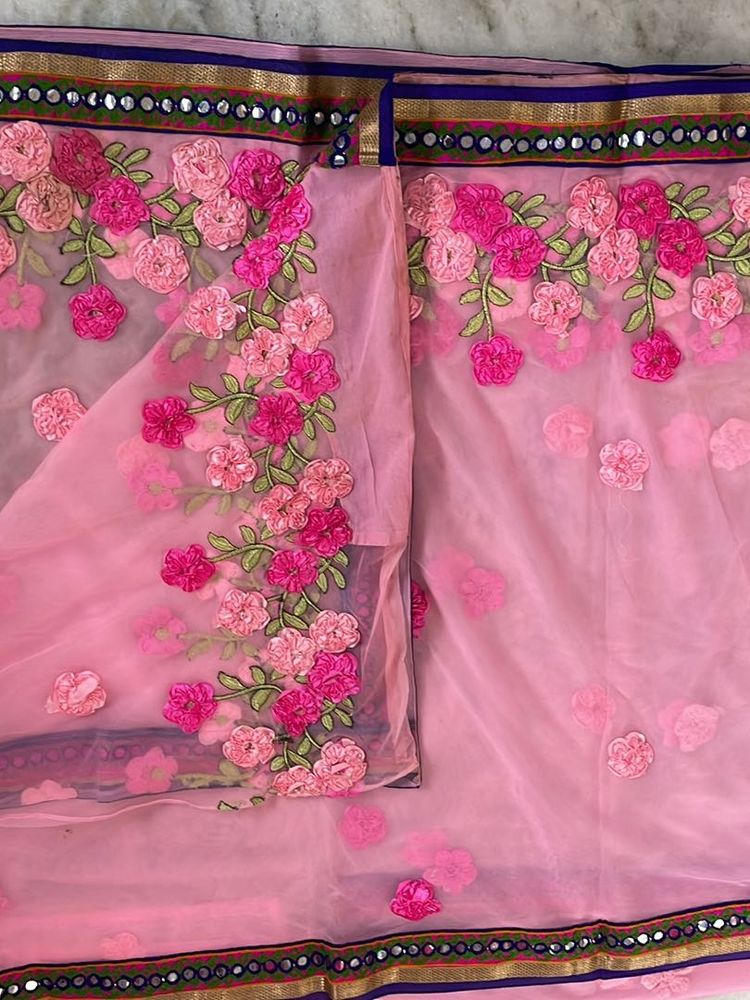 Ribbon Work Saree With Foil Mirror Kucchi Lace