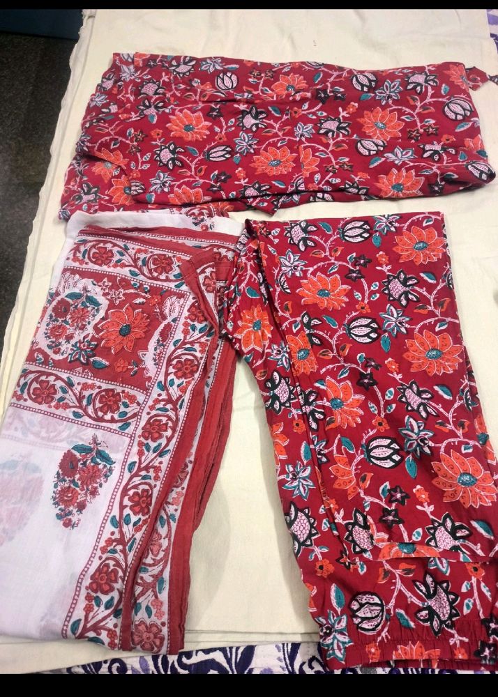 Red Printed Kurta With Trouser &amp; Dupatta