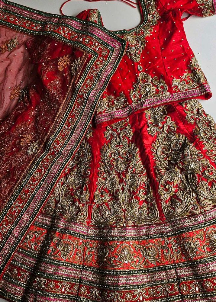Red &amp; Gold Embroidered Lehenga