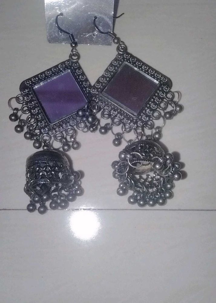 Oxidized Silver Tone Jhumka Earrings