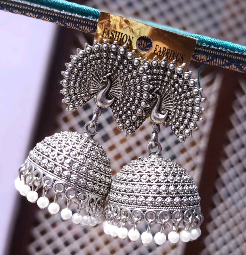 Silver Peacock Jhumka Earrings