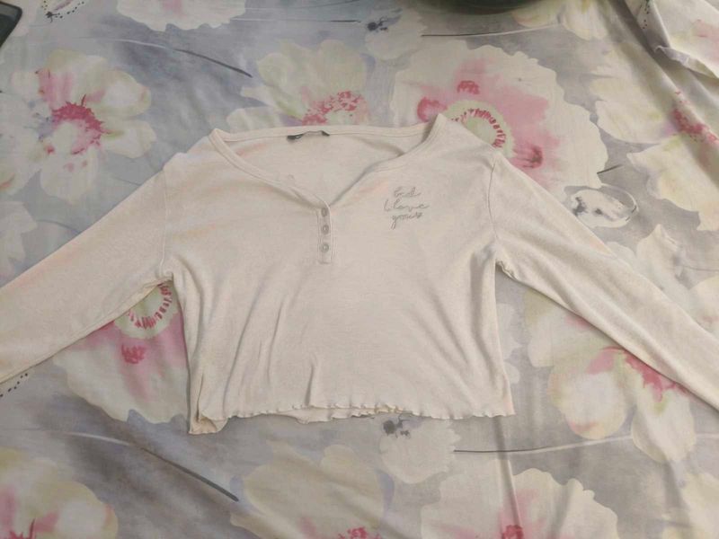 Cute Beige Long Sleeve Loose Crop Top