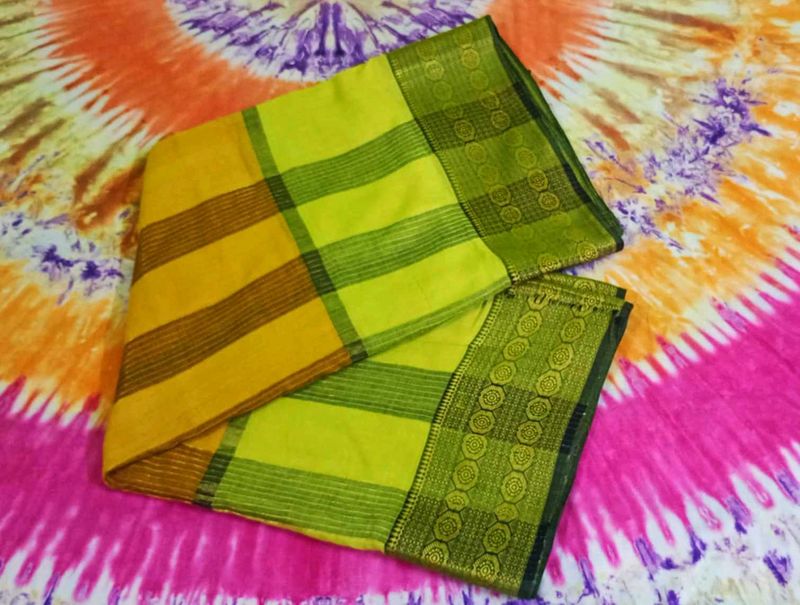 Yellow &amp; Olive Green Saree