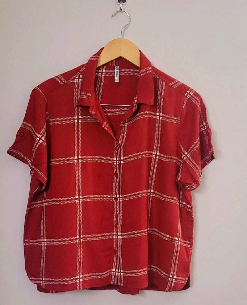 Red Checked Casual Half Sleeves ShirtCollar Women