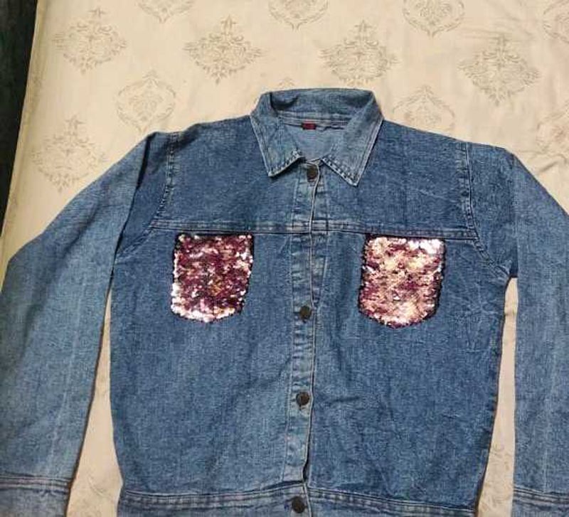 Denim Jacket with Sequin Pockets