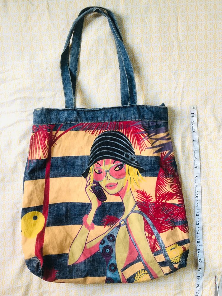 Denim Tote Bag with Funky Print