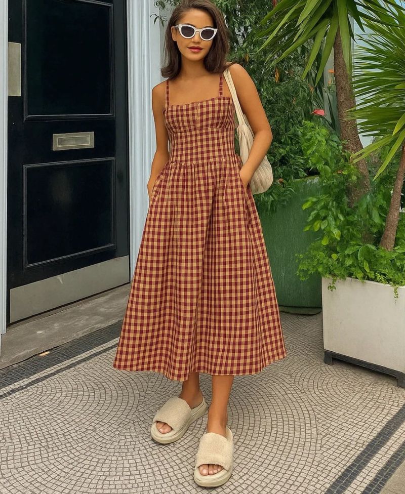 Square Neck Gingham Maxi Dress