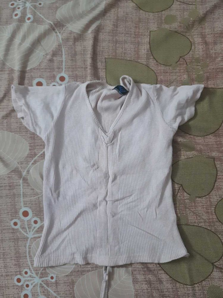 White Ribbed V-Neck Tee