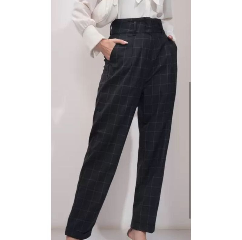 High Waist Black Formal Checked Trouser
