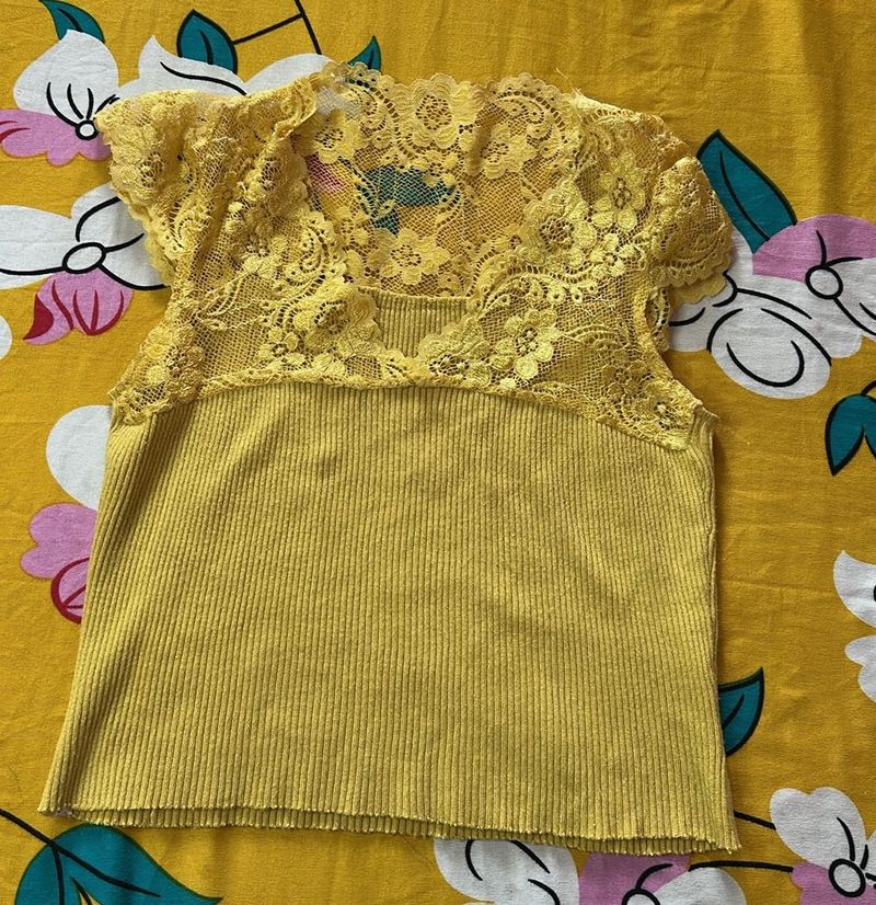 Yellow Lace Ribbed Tank Top