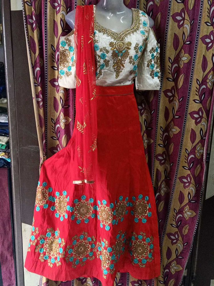 Red &amp; White Embroidered Lehenga