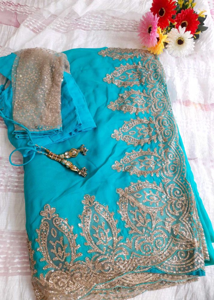Teal &amp; Gold Embroidered Saree