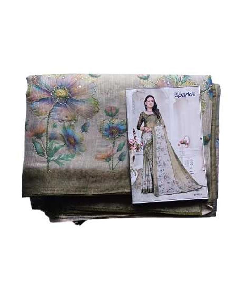 Gray &amp; Green Tissue Saree with Floral Print | Shin