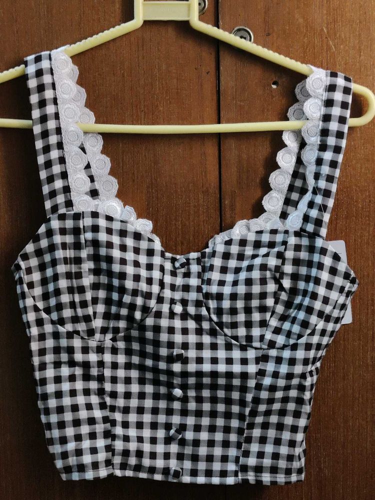 Black And White Plaid Lace Camisole Top