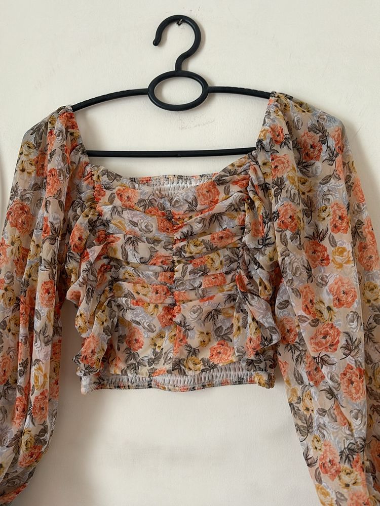 Flowers Print Crop Full Sleve Top For Girls