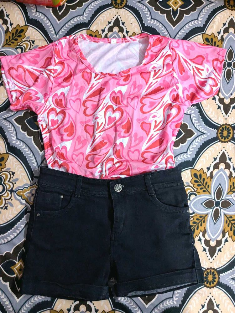 🙆Combo Offer | Denim Shorts With Pink Heart Top💕