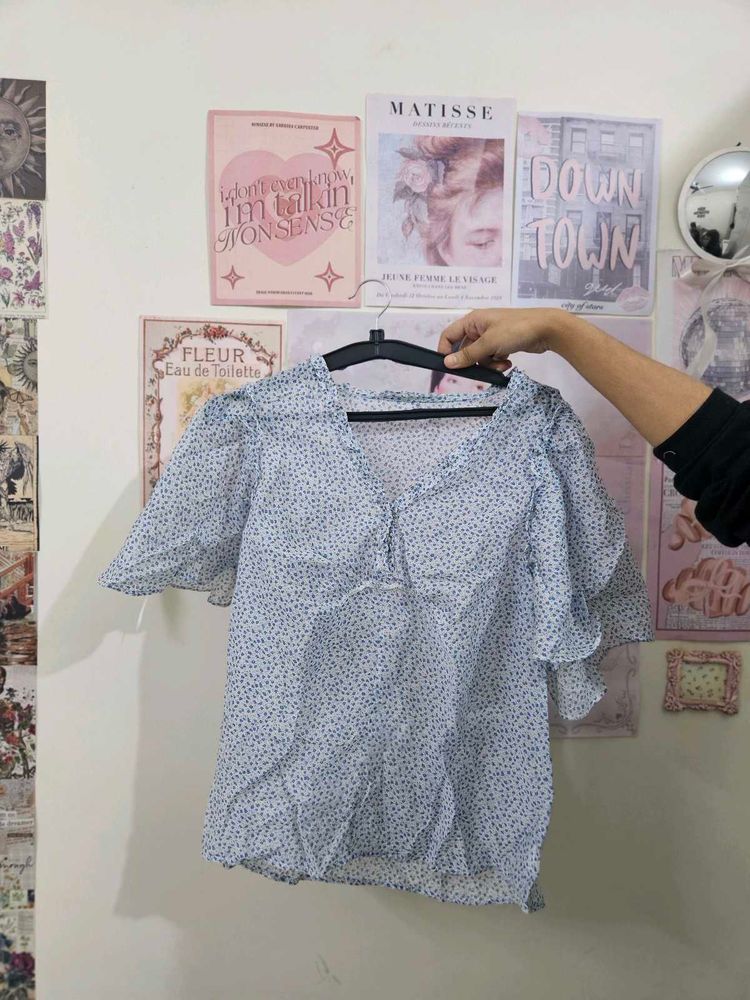 Cute Blue Polka Dot Ruffle Top