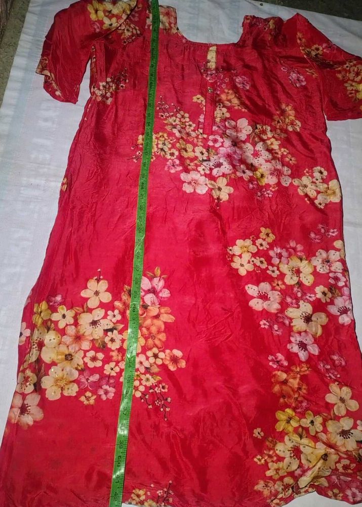 Red Floral Print Kurta Creap Silk
