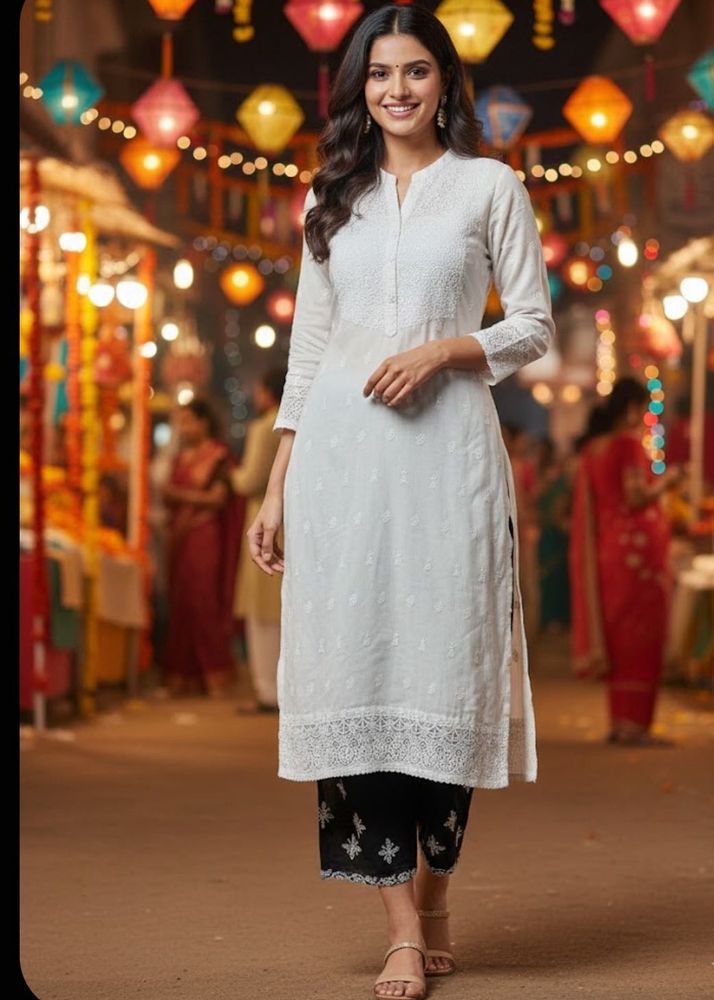 Elegant White Embroidered Kurti Set