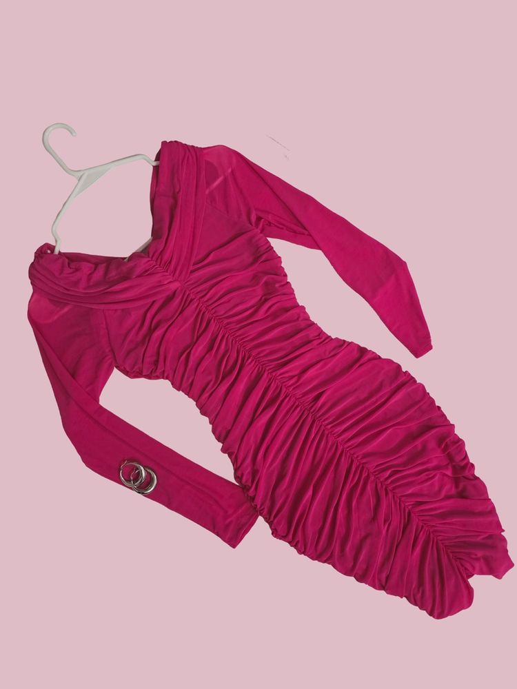 Ruched Long Sleeve Rosy Pink Dress