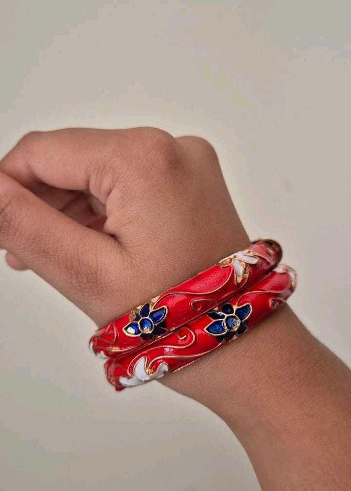 Enamel Red Floral Bangle Stack
