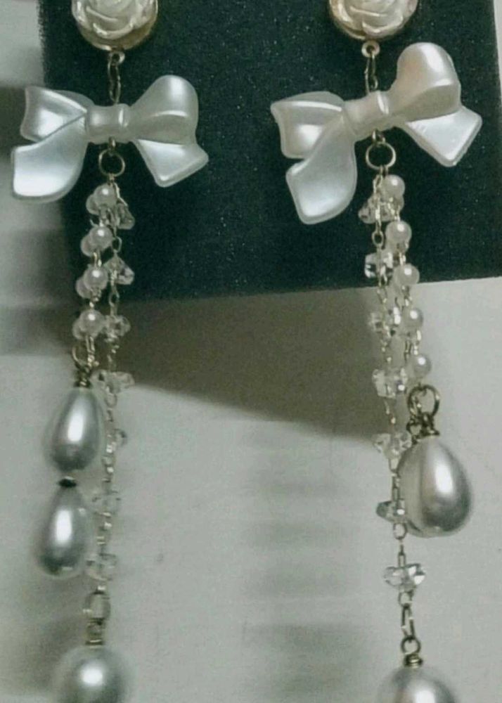 Bow &amp; Pearl Dangle Earrings