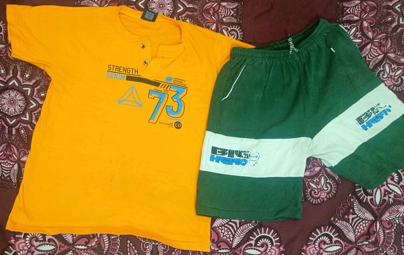Used Combo: Yellow T-shirt &amp; Printed Green Shorts