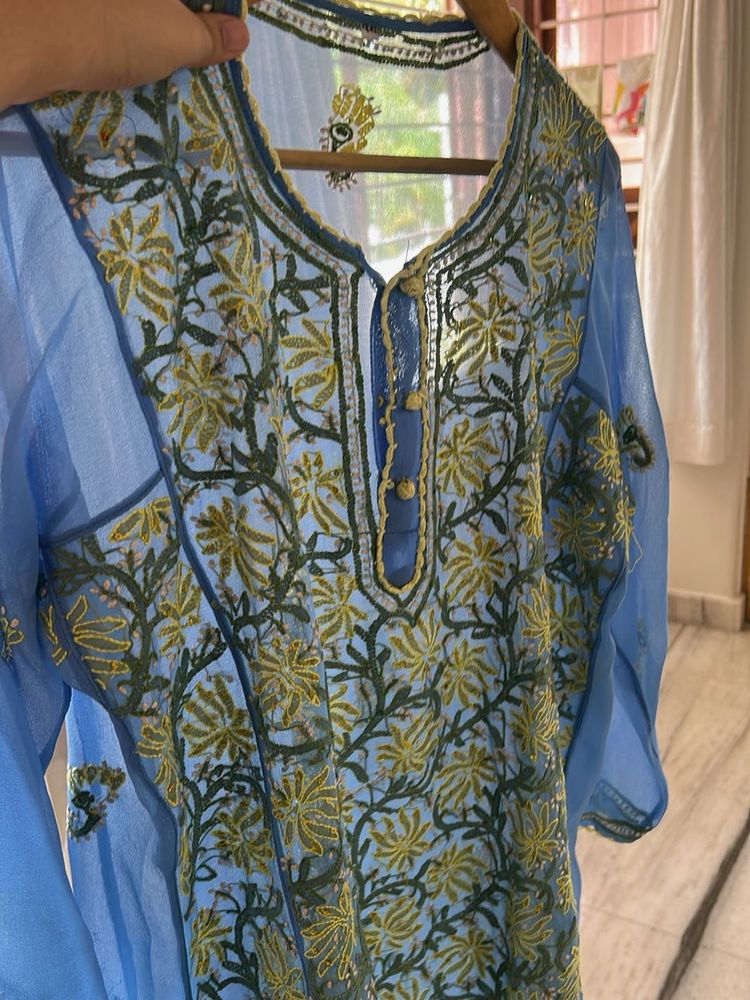Embroidered Blue Half Kurta