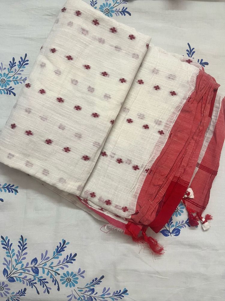 White &amp; Red Cotton Saree
